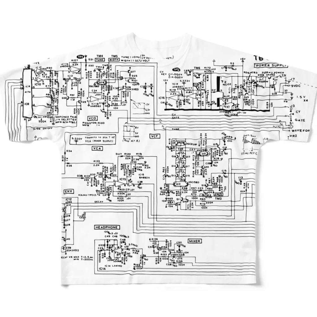 metao dzn【メタヲデザイン】のTB-303 回路図 All-Over Print T-Shirt