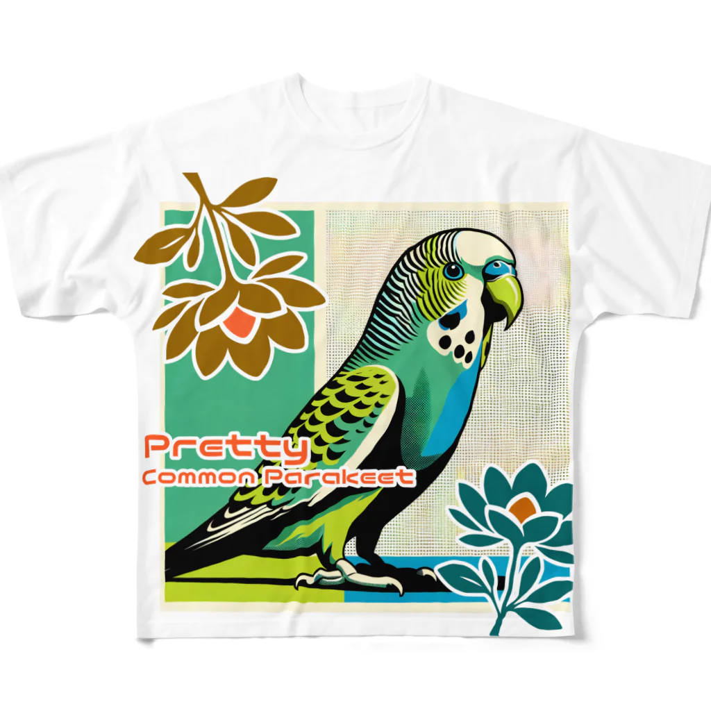 ｱｰﾄｷﾞｬﾗﾘｰ こっそり堂 (笑の可愛いセキセイインコ♪　トロピカルパラキート All-Over Print T-Shirt