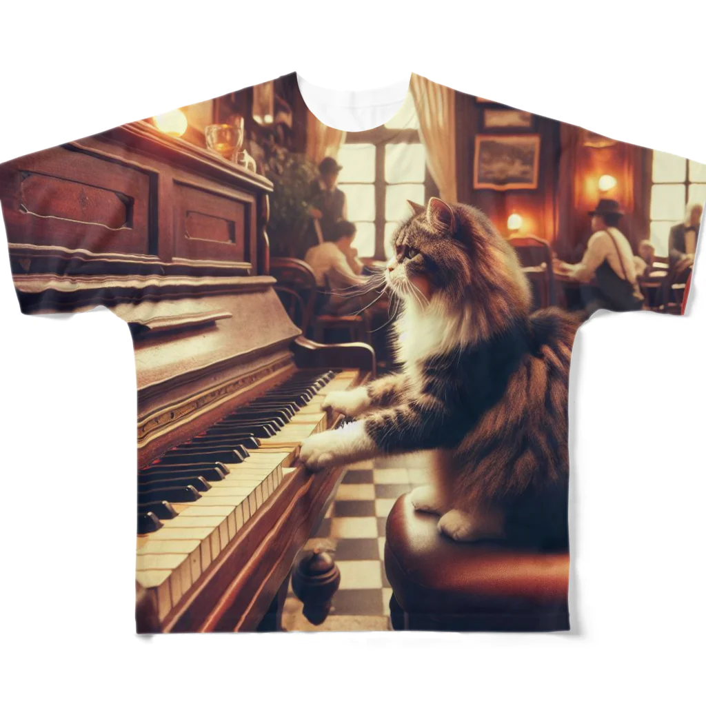ニャーちゃんショップのヴィンテージなカフェでピアノを弾いている猫 All-Over Print T-Shirt
