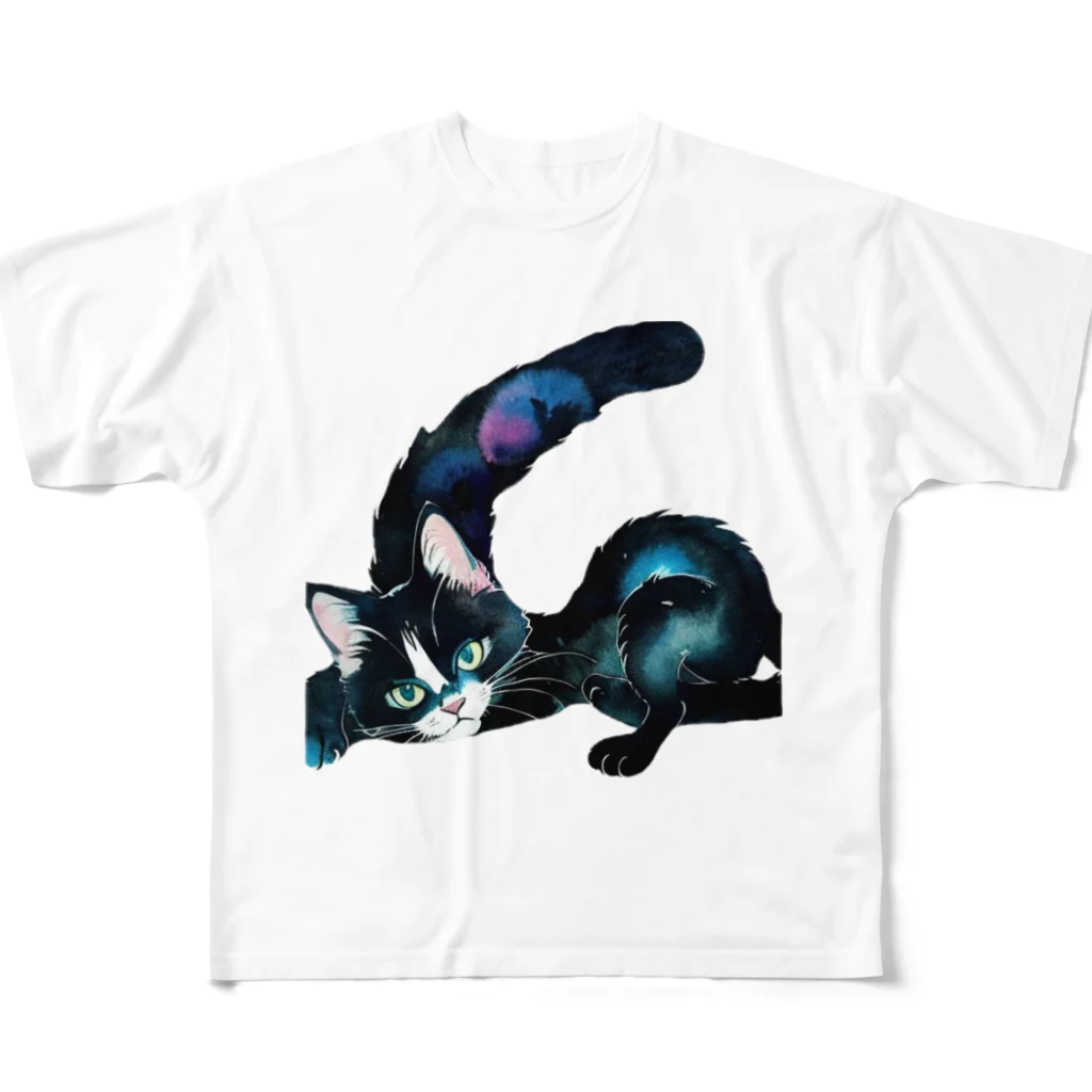 幸運のしっぽの黒猫と魔法の尻尾 フルグラフィックTシャツ