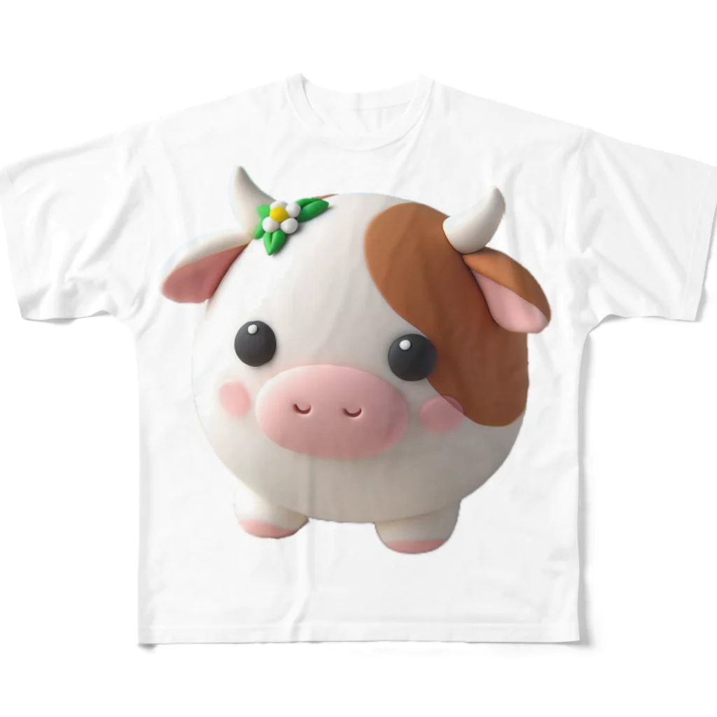 終わらない夢🌈の可愛い💕まんまる◯シリーズ✨　牛🐮 フルグラフィックTシャツ