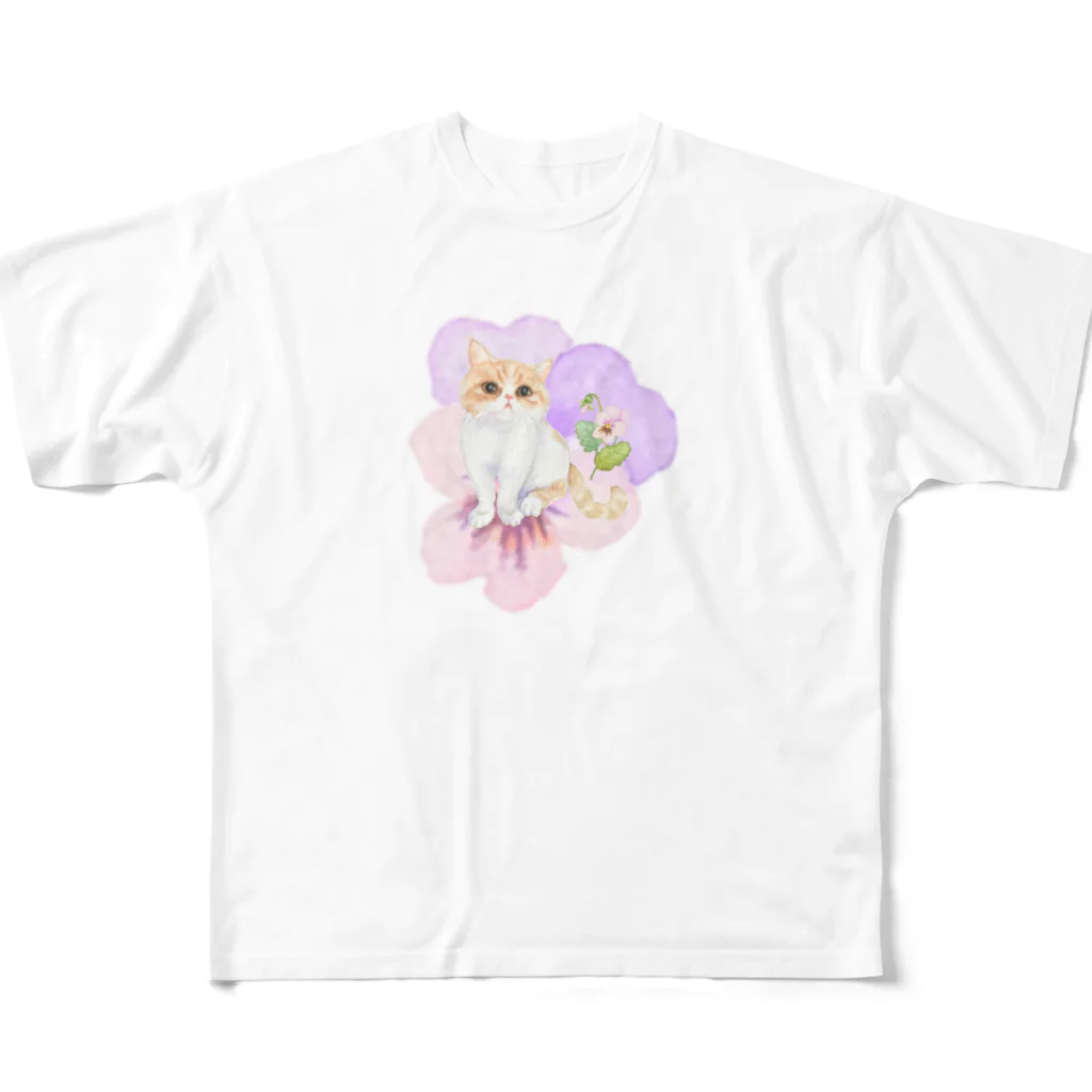 猫が好きすぎる絵描き　キジシマ ミキのエキゾチックショートヘアちゃんとビオラ All-Over Print T-Shirt