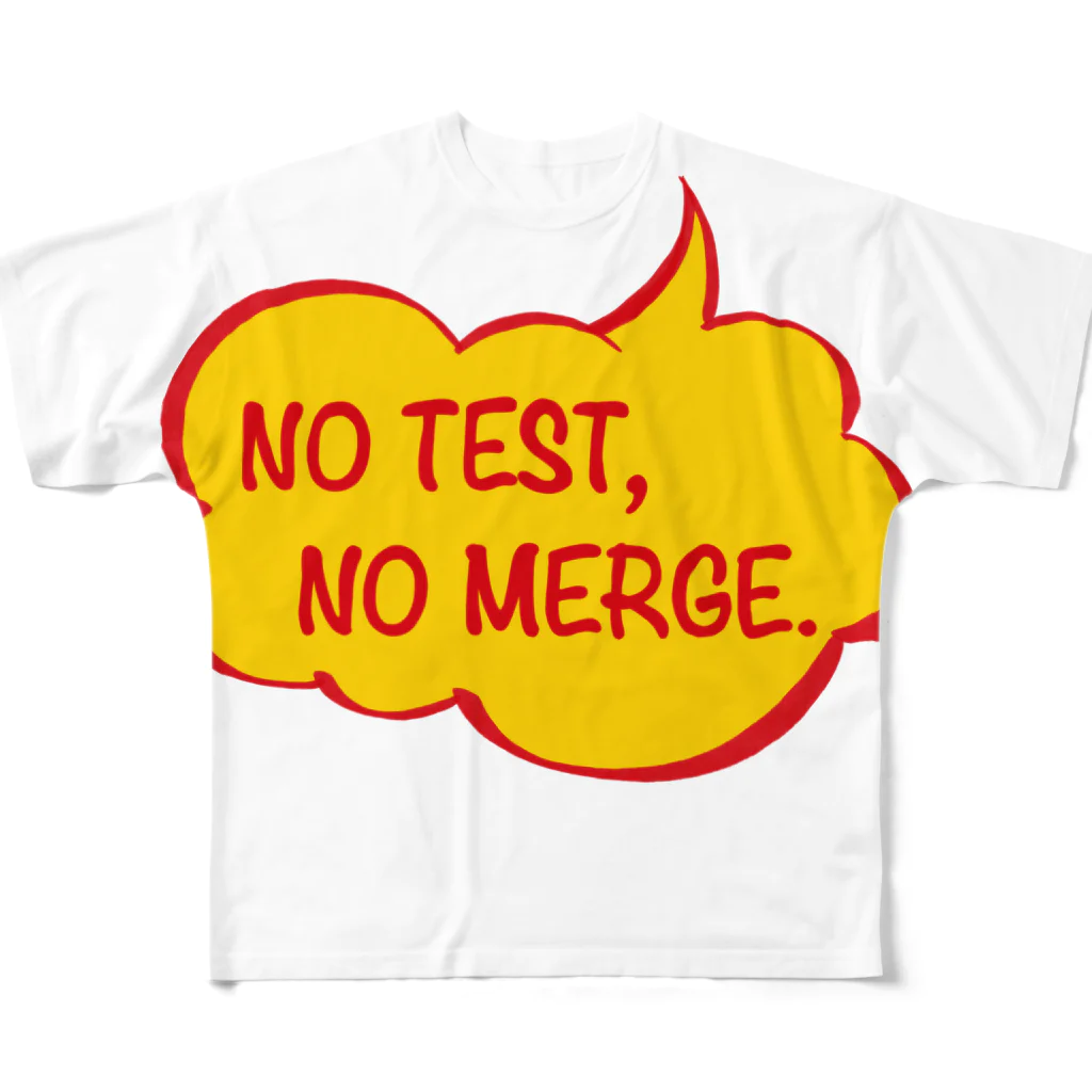 IqophのNO TEST, NO MERGE. フルグラフィックTシャツ