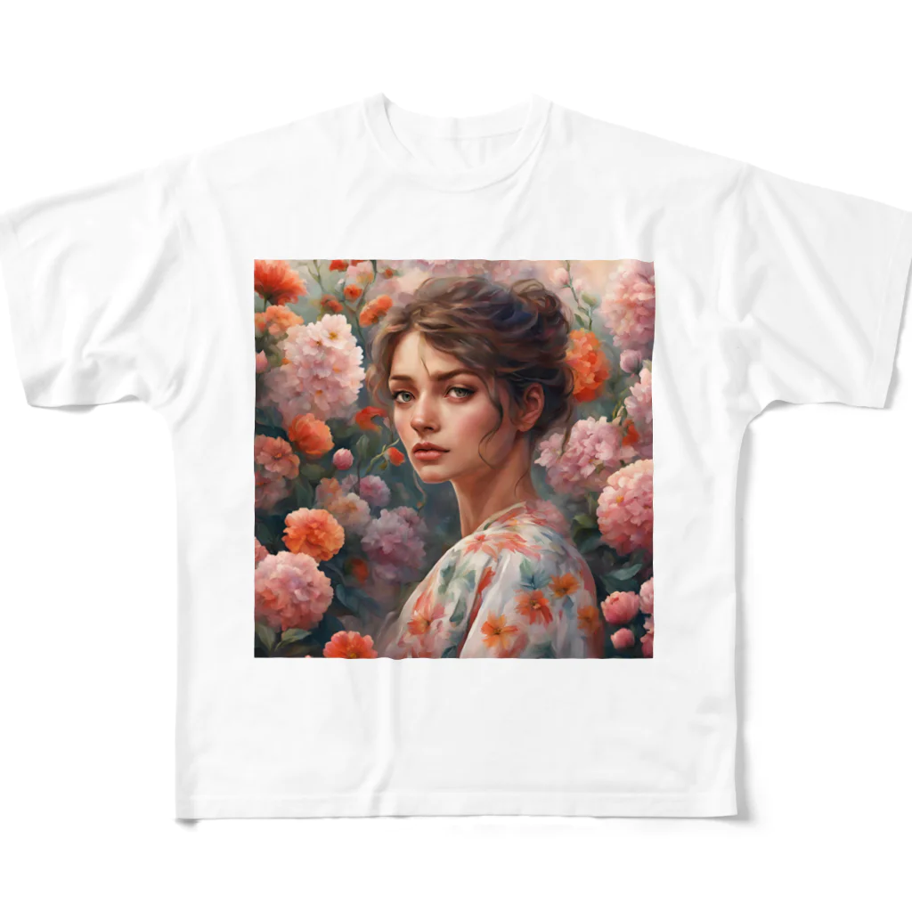 Olivi　Styleの花の中で呼び止められる女性 All-Over Print T-Shirt