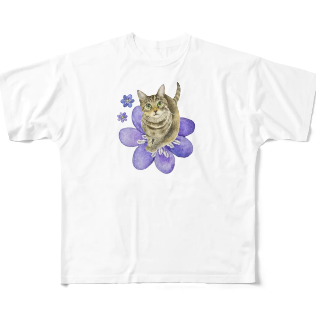 猫が好きすぎる絵描き　キジシマ ミキのキジトラくんミスミソウに乗る All-Over Print T-Shirt