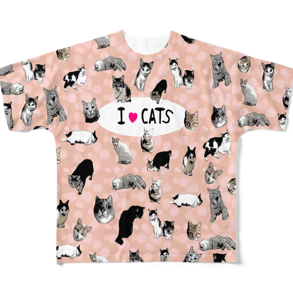 アニマル四字熟語のI LOVE CAT's　(PINK) 猫だらけ！最高にキュートな猫パラダイス！ フルグラフィックTシャツ