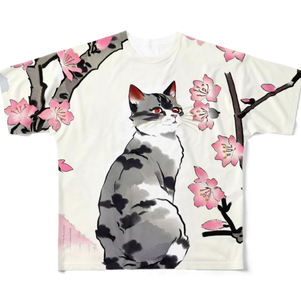 やさぐれちゃんの春の花と猫 フルグラフィックTシャツ