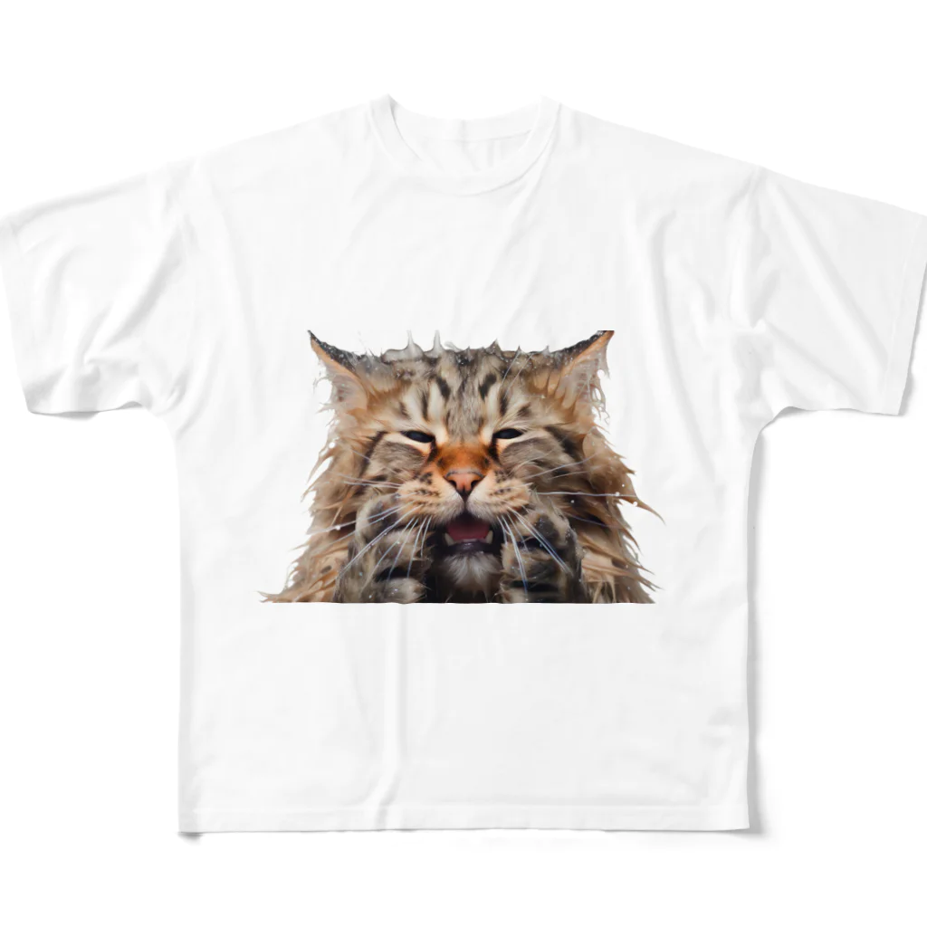 日向ぼっこのずぶ濡れ猫 All-Over Print T-Shirt