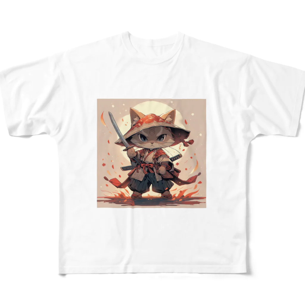 luckycongochanのNeko Samurai フルグラフィックTシャツ