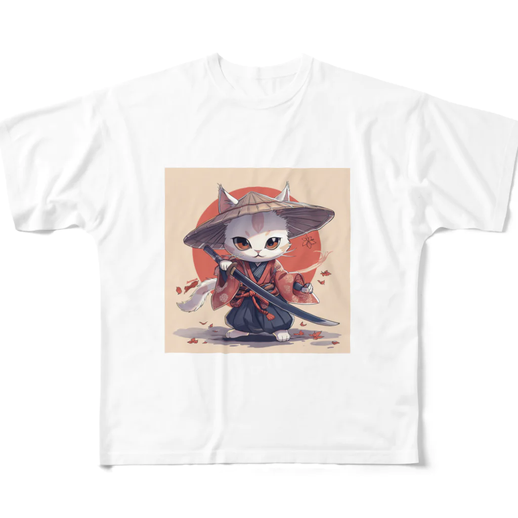 luckycongochanのNeko Samurai フルグラフィックTシャツ