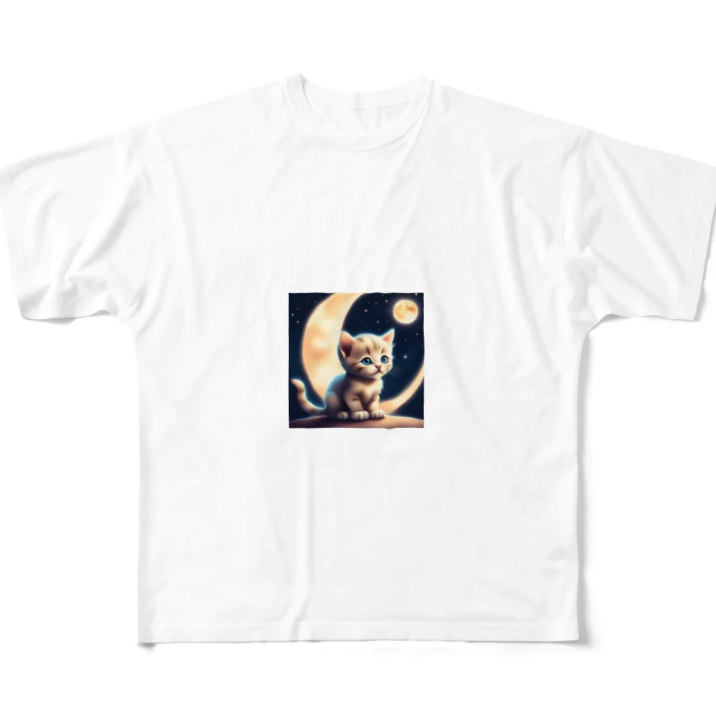 宇宙と猫の月を見る子猫 All-Over Print T-Shirt