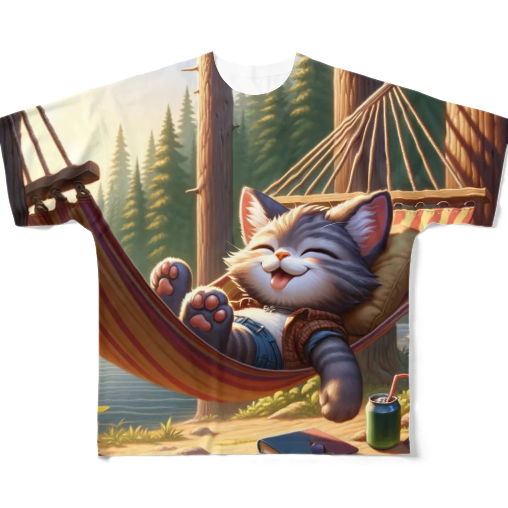 Aoyanicのcat camper ハンモック フルグラフィックTシャツ