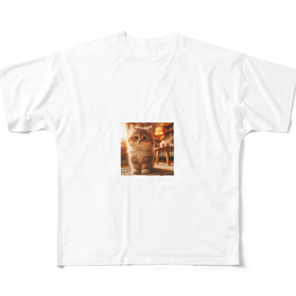 Hello_bananaの"居心地の良いリビングの中の遊び心ある猫" - A cozy living room scene featuring a playful cat. フルグラフィックTシャツ