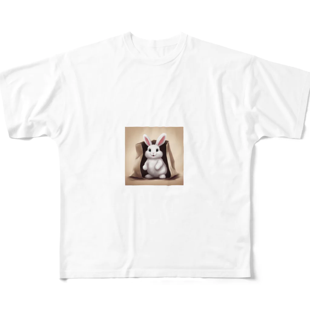 Mioキャンバスの夢工房　 の可愛らしさ100％の袋入りフサフサうさぎ！ All-Over Print T-Shirt