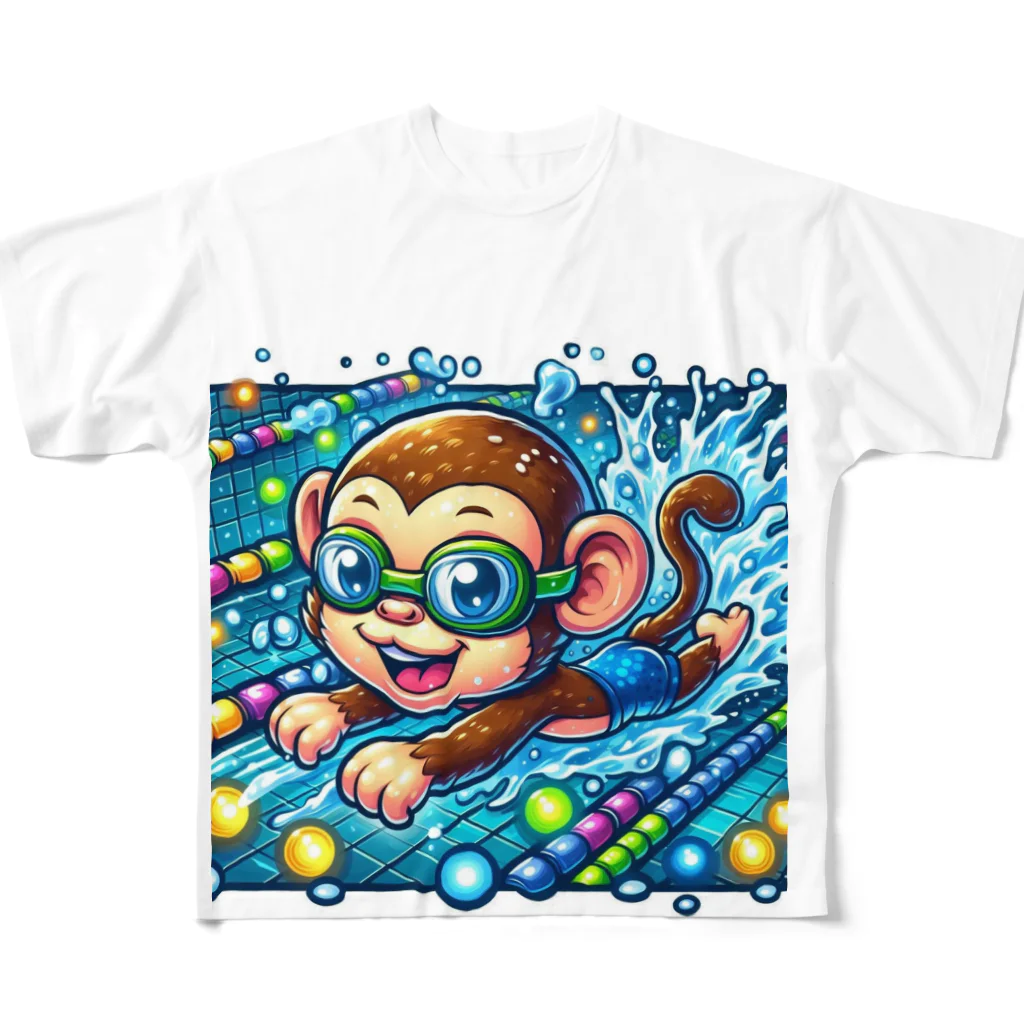 アニマルキャラクターショップのSwimming monkey All-Over Print T-Shirt