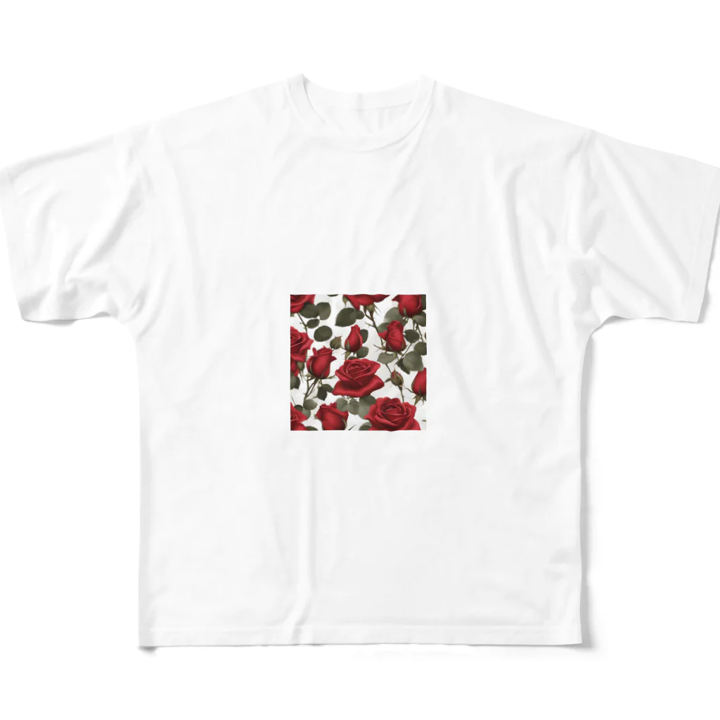 1123liliのサテンレッドの薔薇 フルグラフィックTシャツ