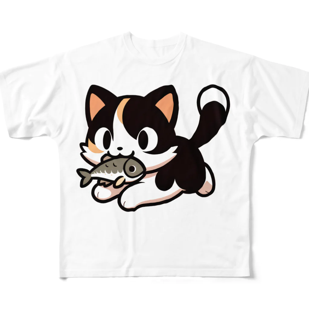 NyanClosetのお魚くわえて走る猫です。 フルグラフィックTシャツ