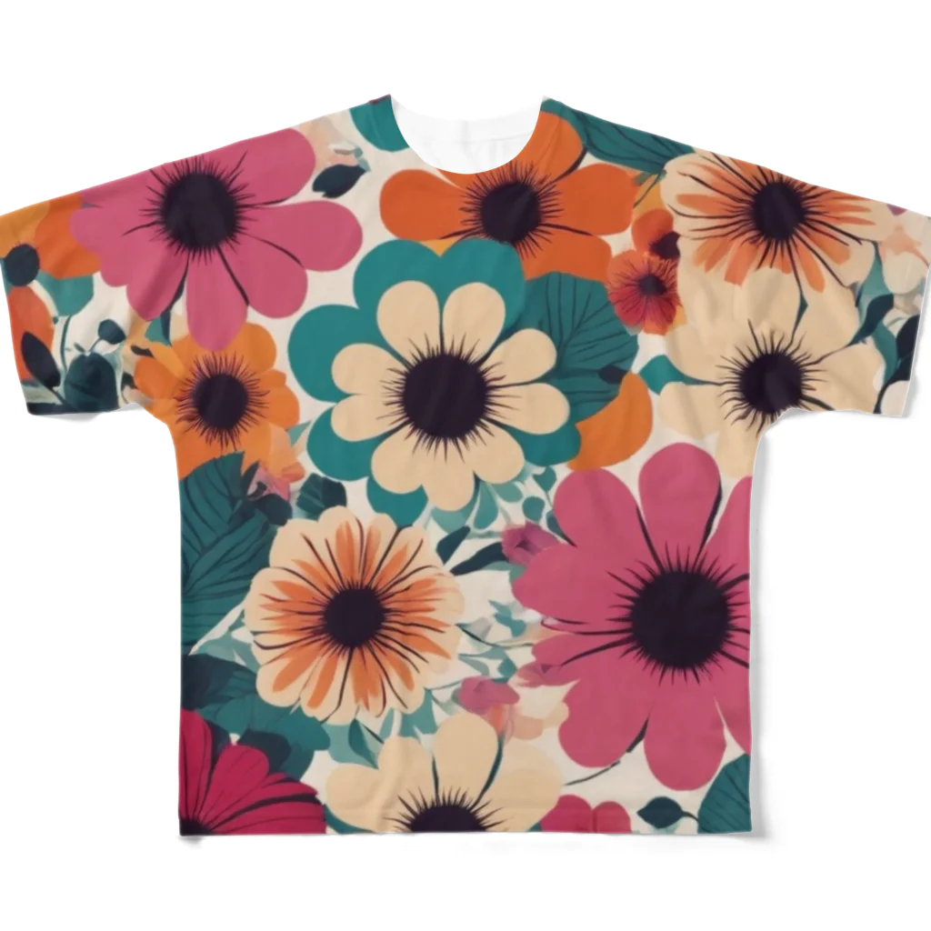 NATSUMAKITSUNEの北欧風　花柄　マリメッコ風 All-Over Print T-Shirt