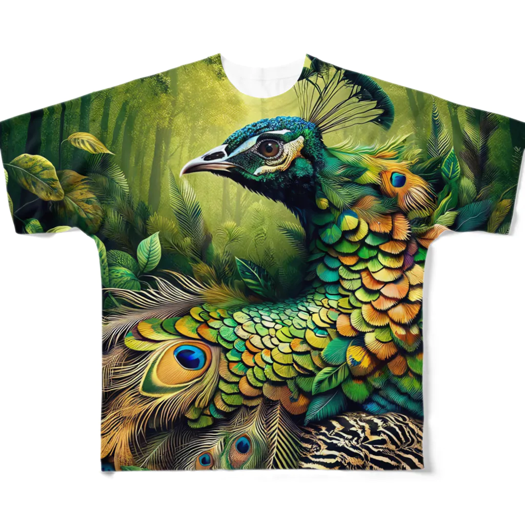 Dee’s Sweet DesignsのCamouflage of the Peacock in the Forest  森の中の孔雀のカモフラージュ フルグラフィックTシャツ