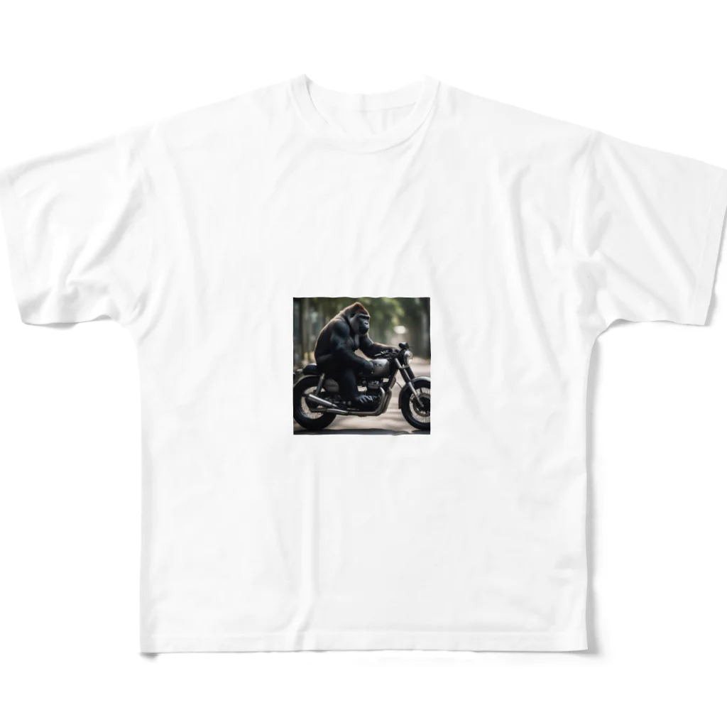 クロスクリエイティブのモーターバイクに乗るゴリラ フルグラフィックTシャツ