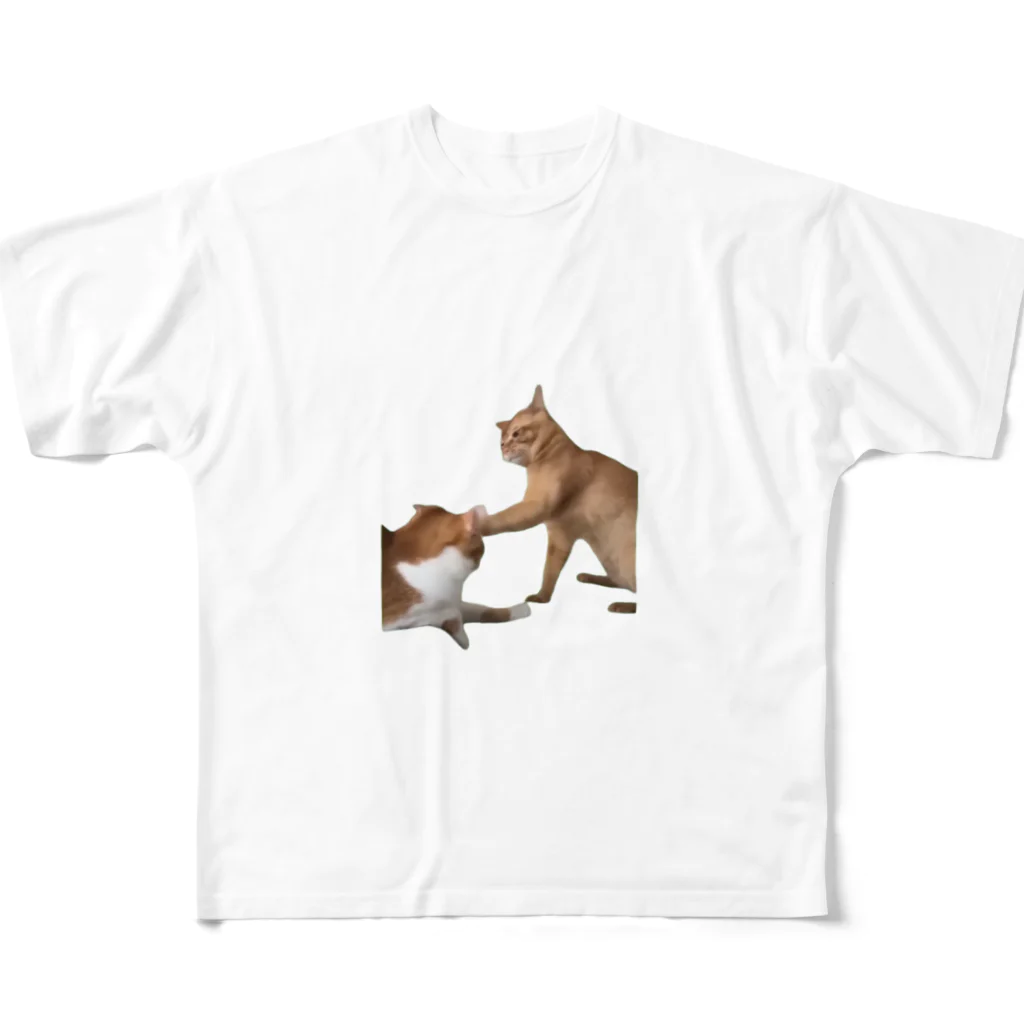 猫ミームグッズの【猫ミーム】叩かれる猫と叩く猫 All-Over Print T-Shirt