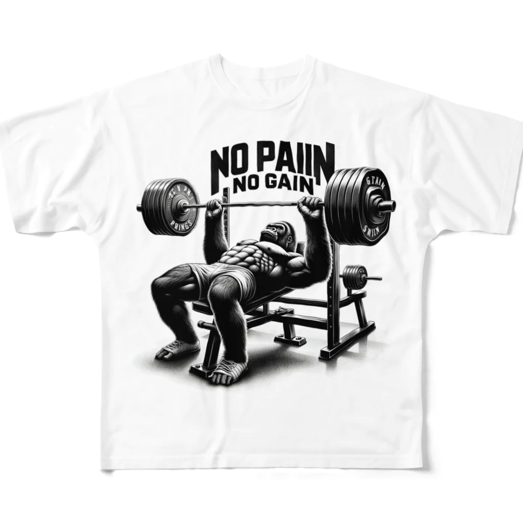 BlueOcean987のNO PAIN NO GAIN ゴリラベンチプレス All-Over Print T-Shirt