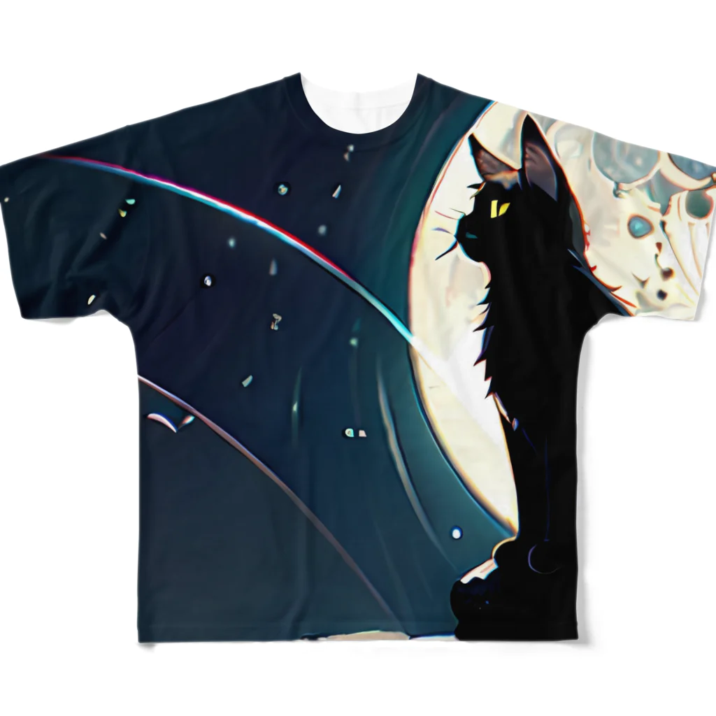 黒猫と珈琲の月夜を眺める黒猫 フルグラフィックTシャツ