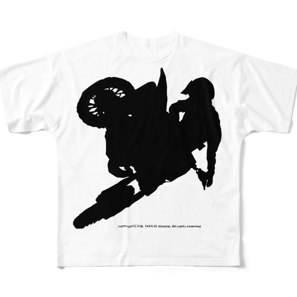 ファンシーTシャツ屋のオフロードバイクでエアーを決めるシルエット フルグラフィックTシャツ