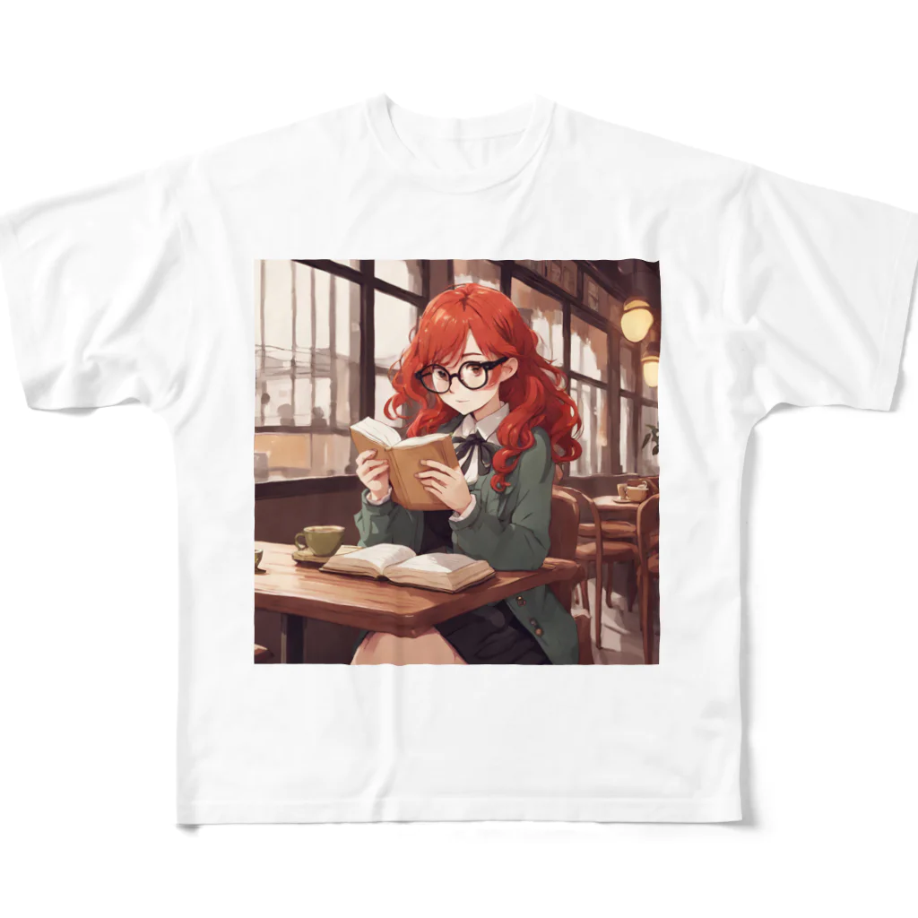 プリンゴブリンの赤毛の読書メガネさん フルグラフィックTシャツ