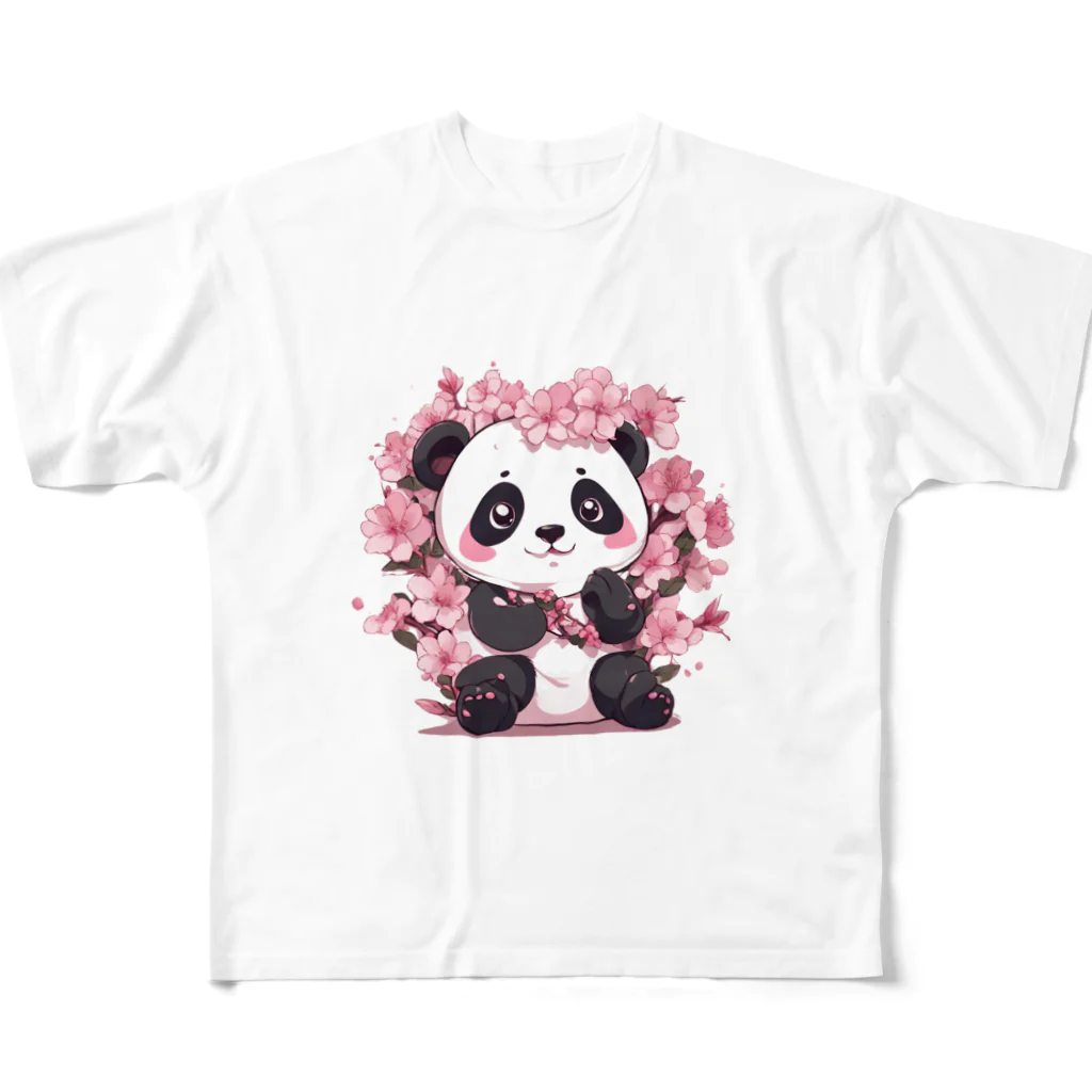 waterpandaの満開桜とパンダ フルグラフィックTシャツ