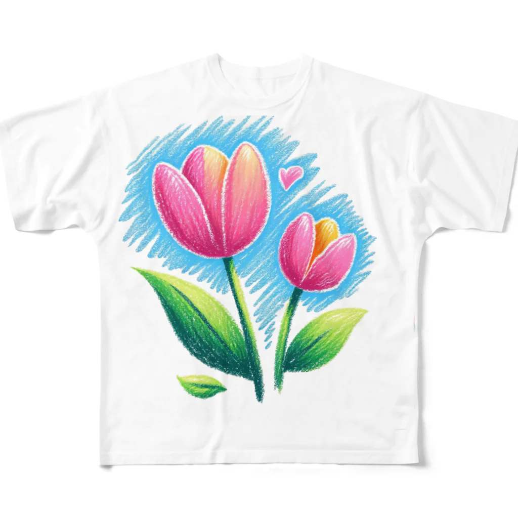 gentle_timeの春の訪れを告げる、やわらかなチューリップの花々 フルグラフィックTシャツ