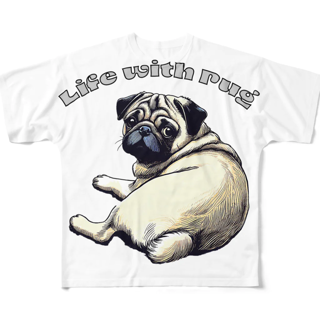 Funny-WagWag-PartyのLife with Pug All-Over Print T-Shirt