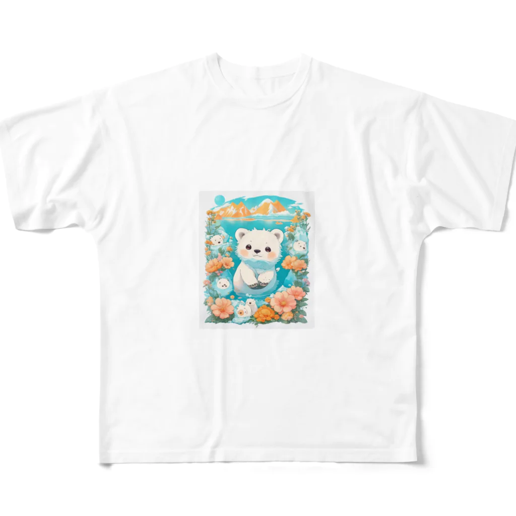 りんりんの可愛いシロクマちゃんショップ　かわいいよ！の白くてふわふわのシロクマちゃんと花々 All-Over Print T-Shirt