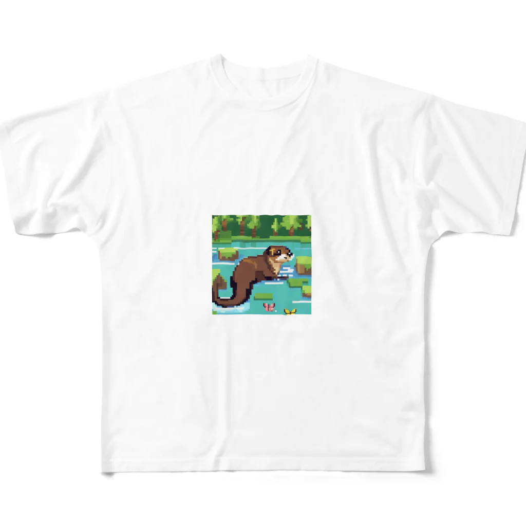 rearemonの流れの中でバタフライスタイルで泳ぐコツメカワウソ フルグラフィックTシャツ