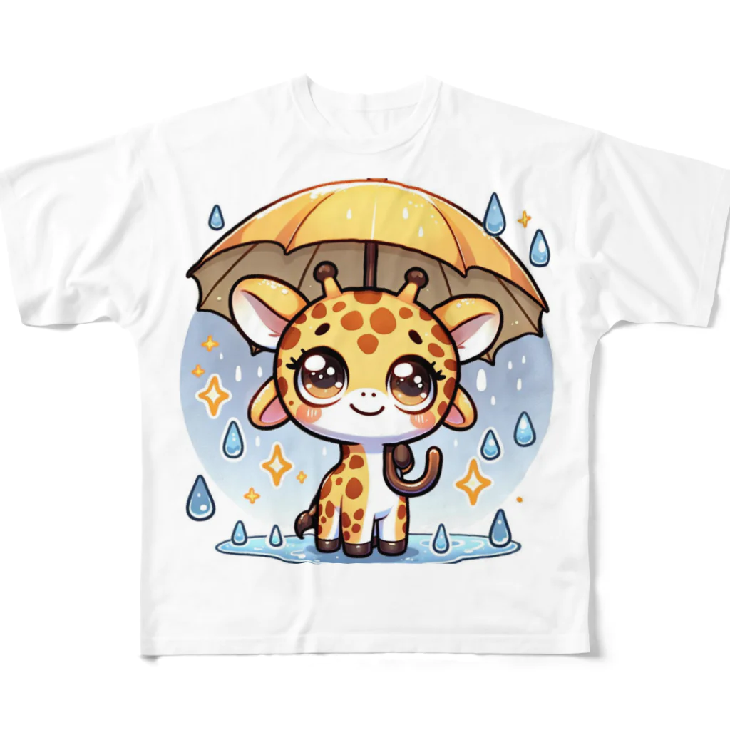 Hope2222の小雨の中で傘を持つ楽しそうなキリン。 フルグラフィックTシャツ