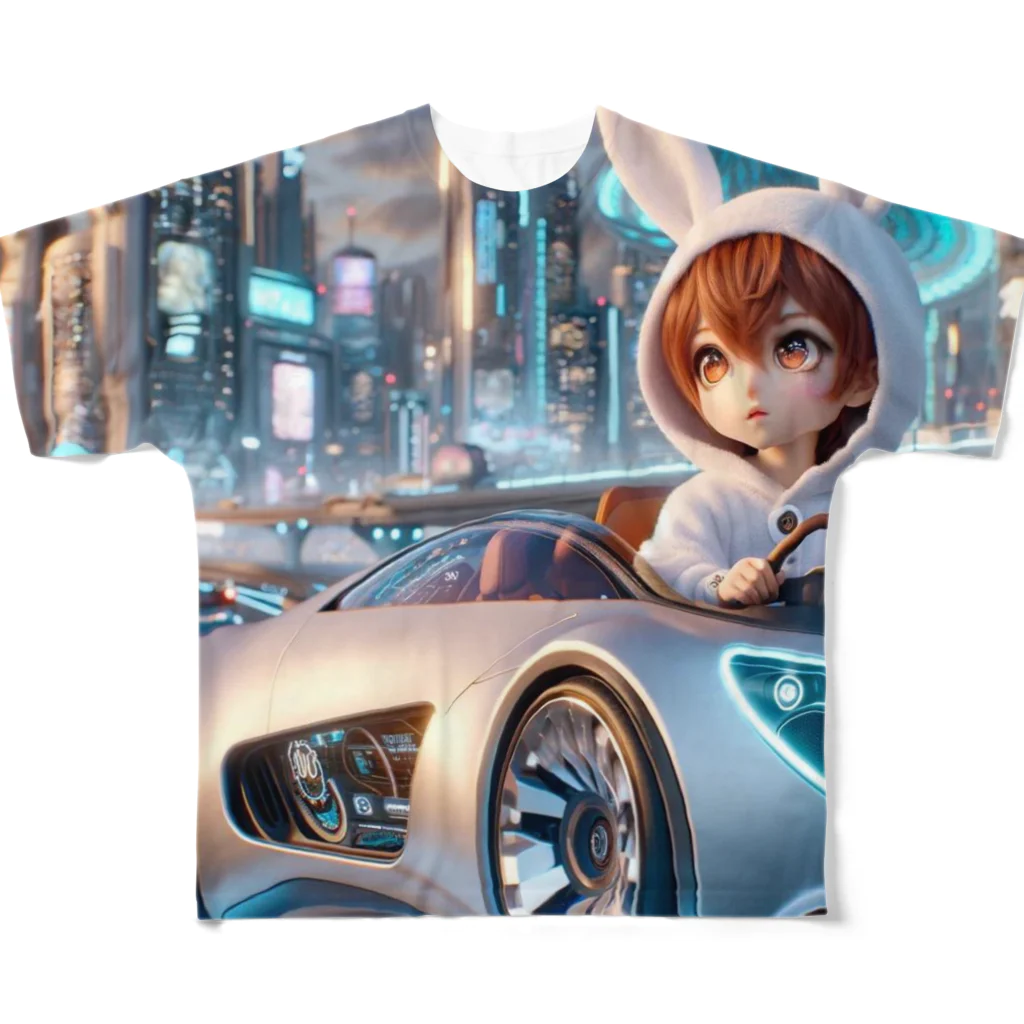 ユサユサしてるキャラクターショップのユサユサしながら未来の車で未来都市をドライブ All-Over Print T-Shirt