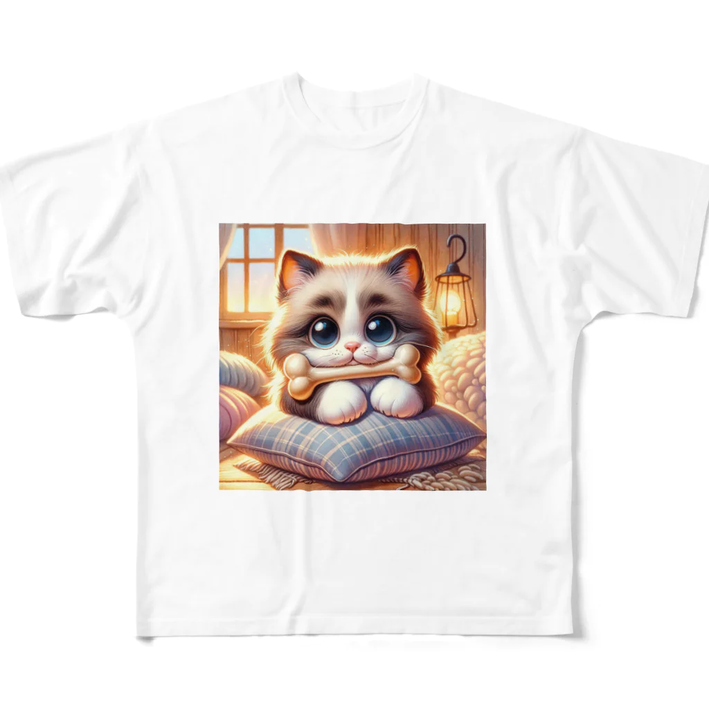 TomaTracksの骨をくわえた猫ちゃん All-Over Print T-Shirt