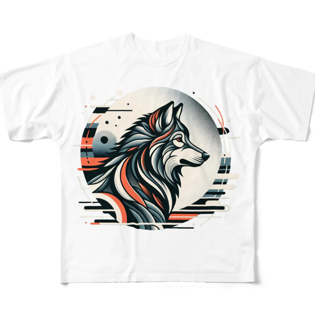MirofuruDesignのスタイリッシュな狼ポートレートアート フルグラフィックTシャツ