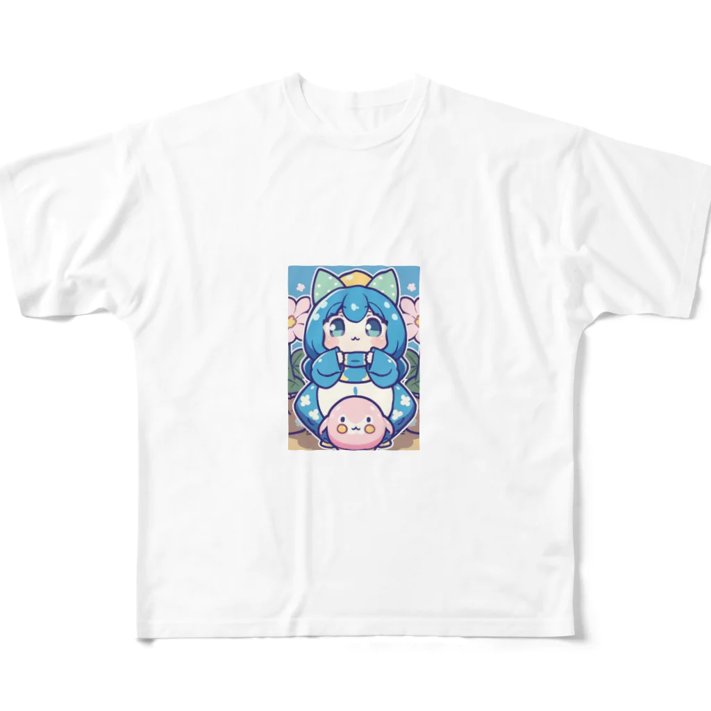 カピパーラ🐻の青い髪の姫とピンクのかわいい生物♪ フルグラフィックTシャツ