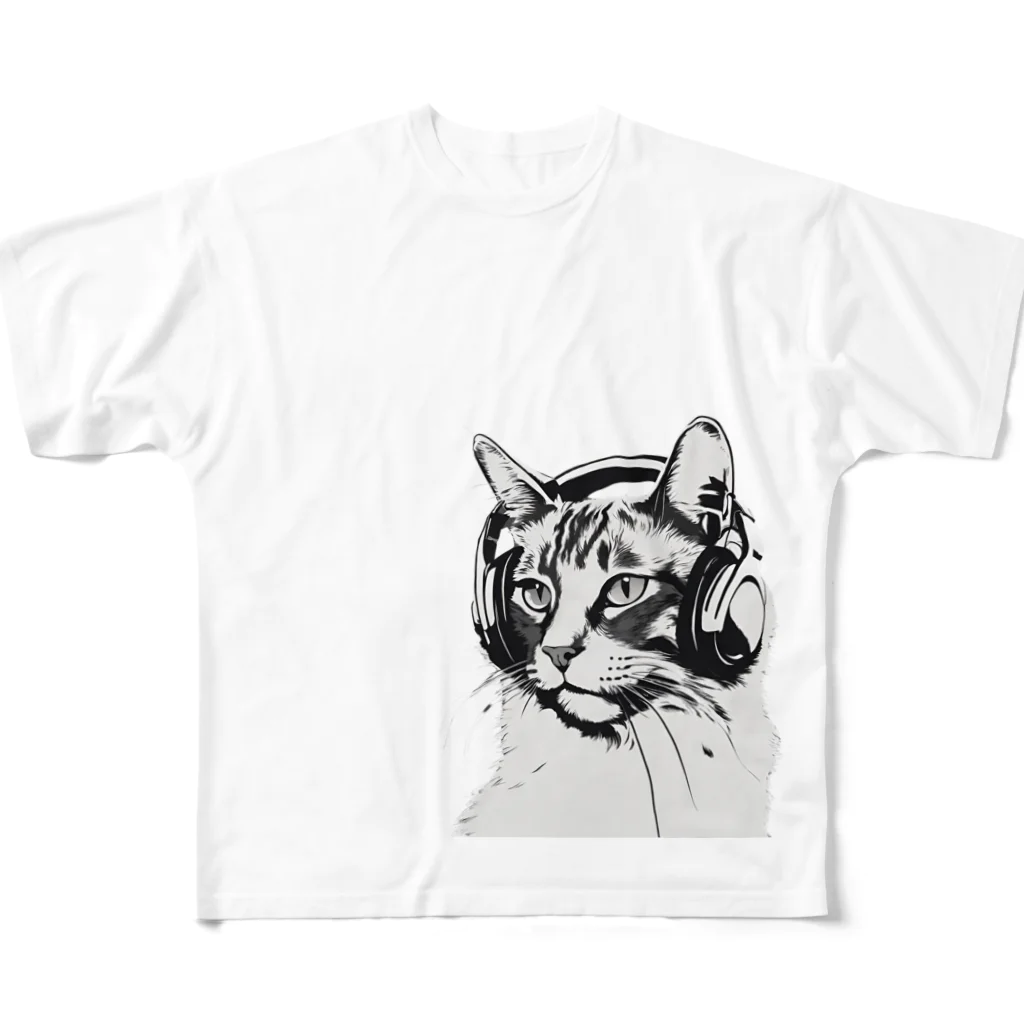 かわクールのヘッドホンと猫 All-Over Print T-Shirt