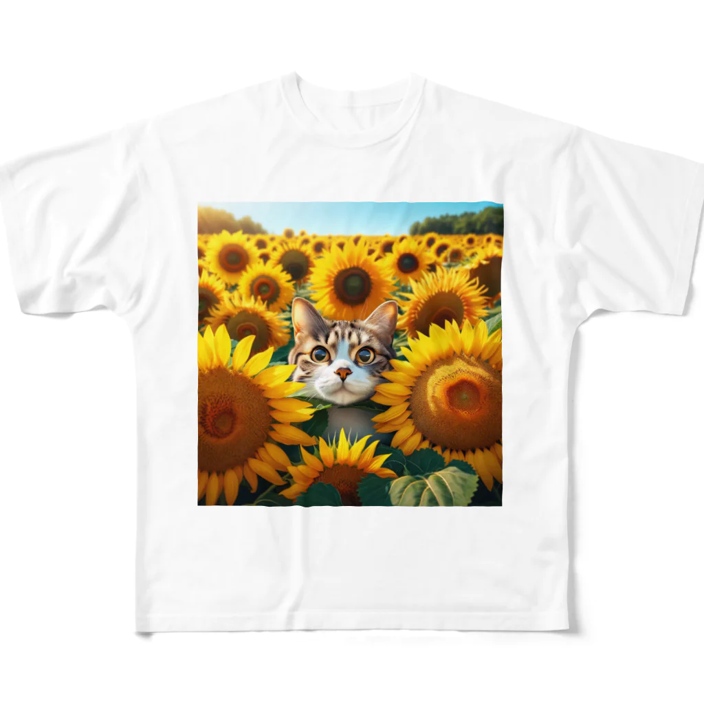 IloveCatのひまわり畑で好奇心いっぱいのかわいらしい猫 All-Over Print T-Shirt