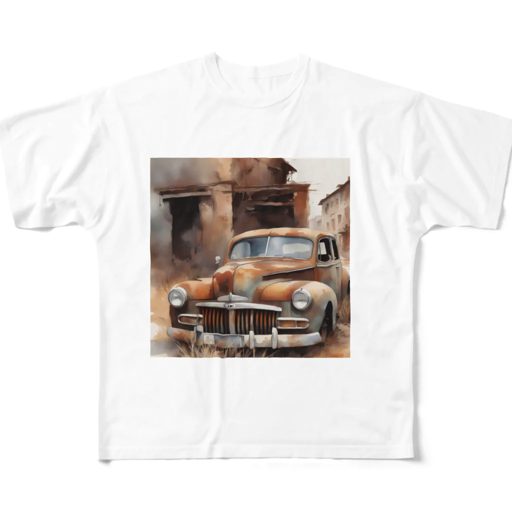 nanndaka-na-の錆びたレトロカー フルグラフィックTシャツ