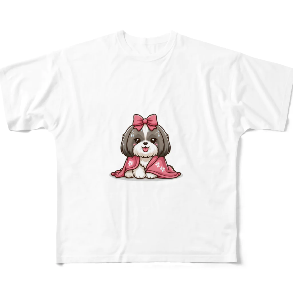 ワンコとにゃんちゃんズの毛布にくるまるシーズー フルグラフィックTシャツ