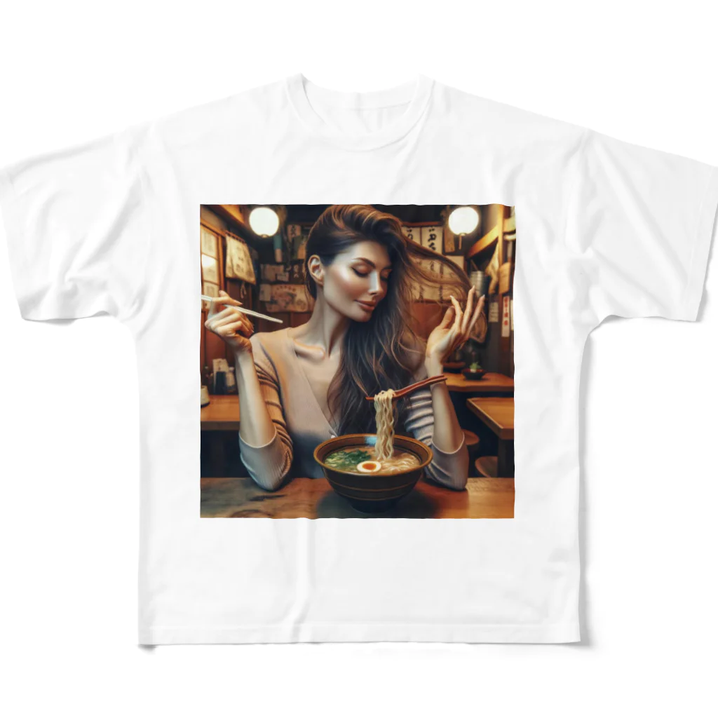 AI間違い探しの髪を気にしながらラーメンを食べる女性 フルグラフィックTシャツ