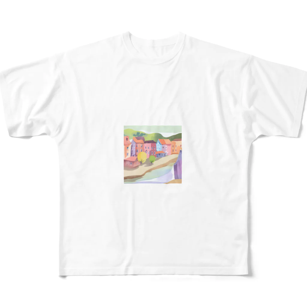 decnaの川沿いの街並み All-Over Print T-Shirt