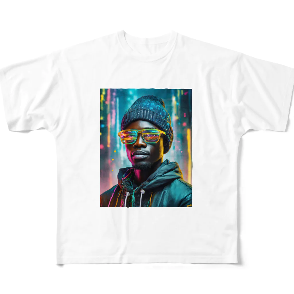 Colorful Canvasのネオンをバックにしているクールな青年 All-Over Print T-Shirt