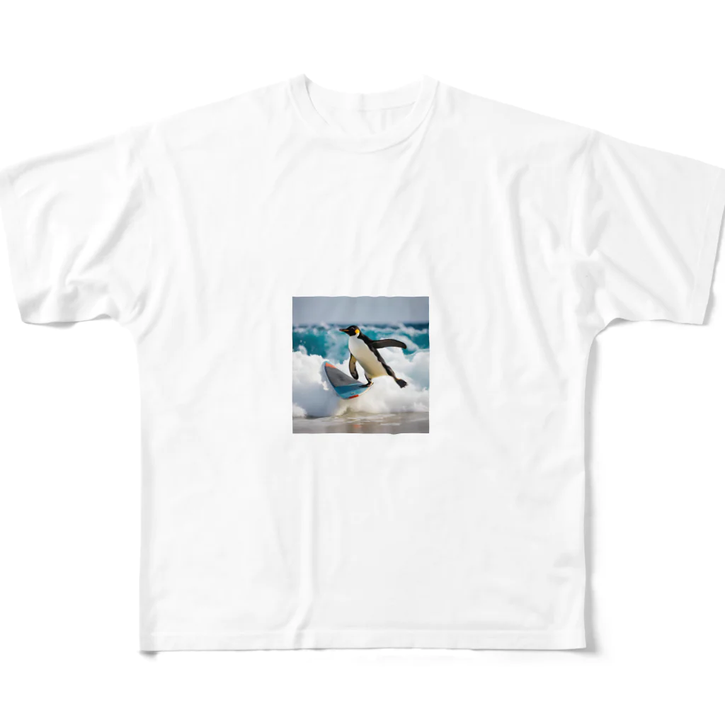 hakumenhonのサーフィンするペンギン フルグラフィックTシャツ