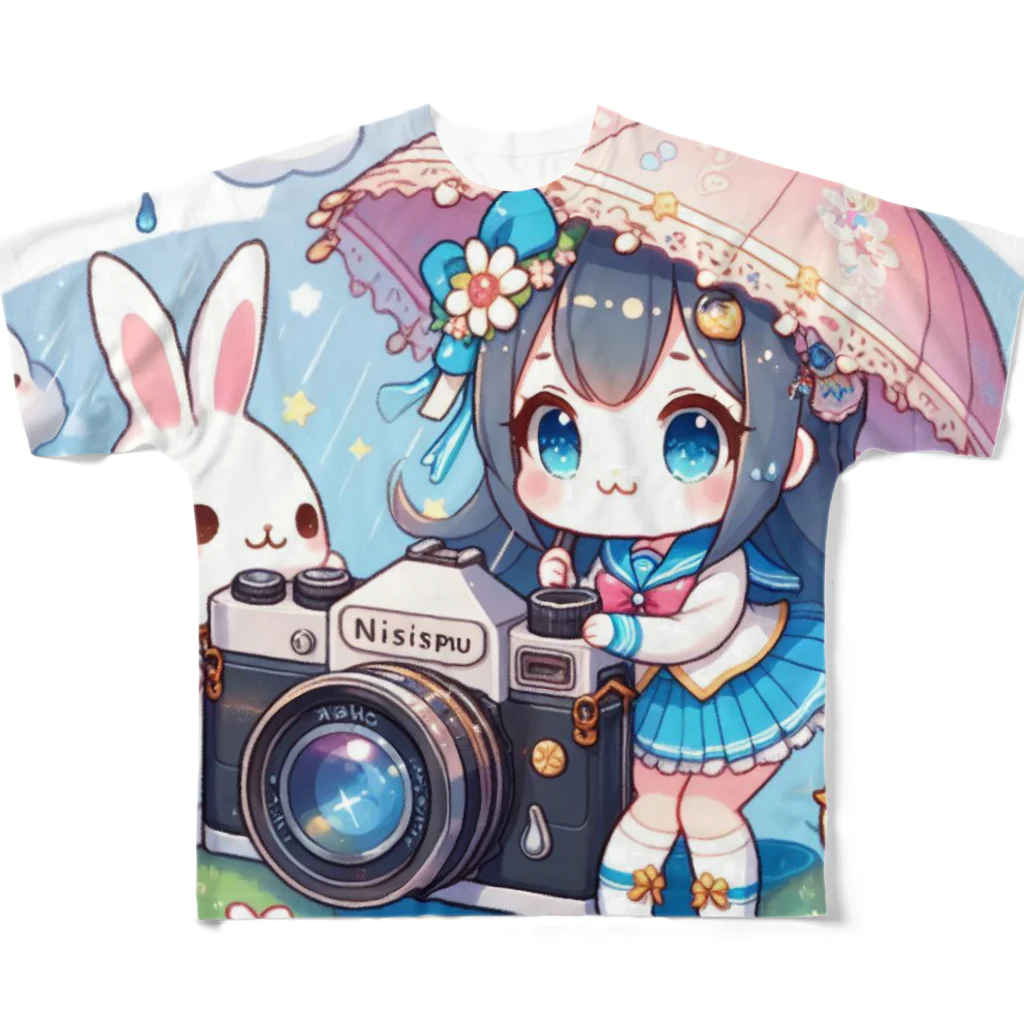 かるるんショップのカメラと傘とうさ耳少女とシリーズ　撮影 フルグラフィックTシャツ