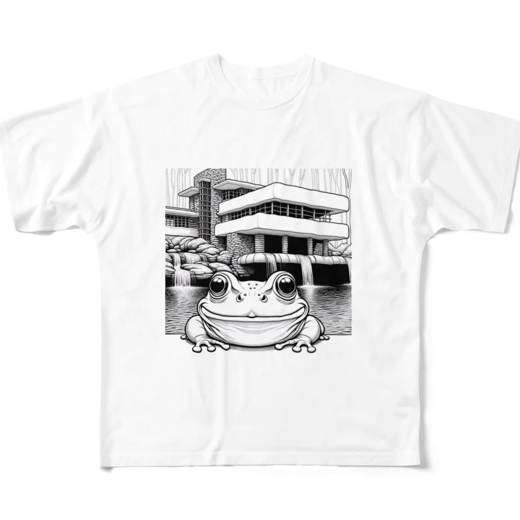 archifrogの落水荘風の建築物に佇むカエル All-Over Print T-Shirt