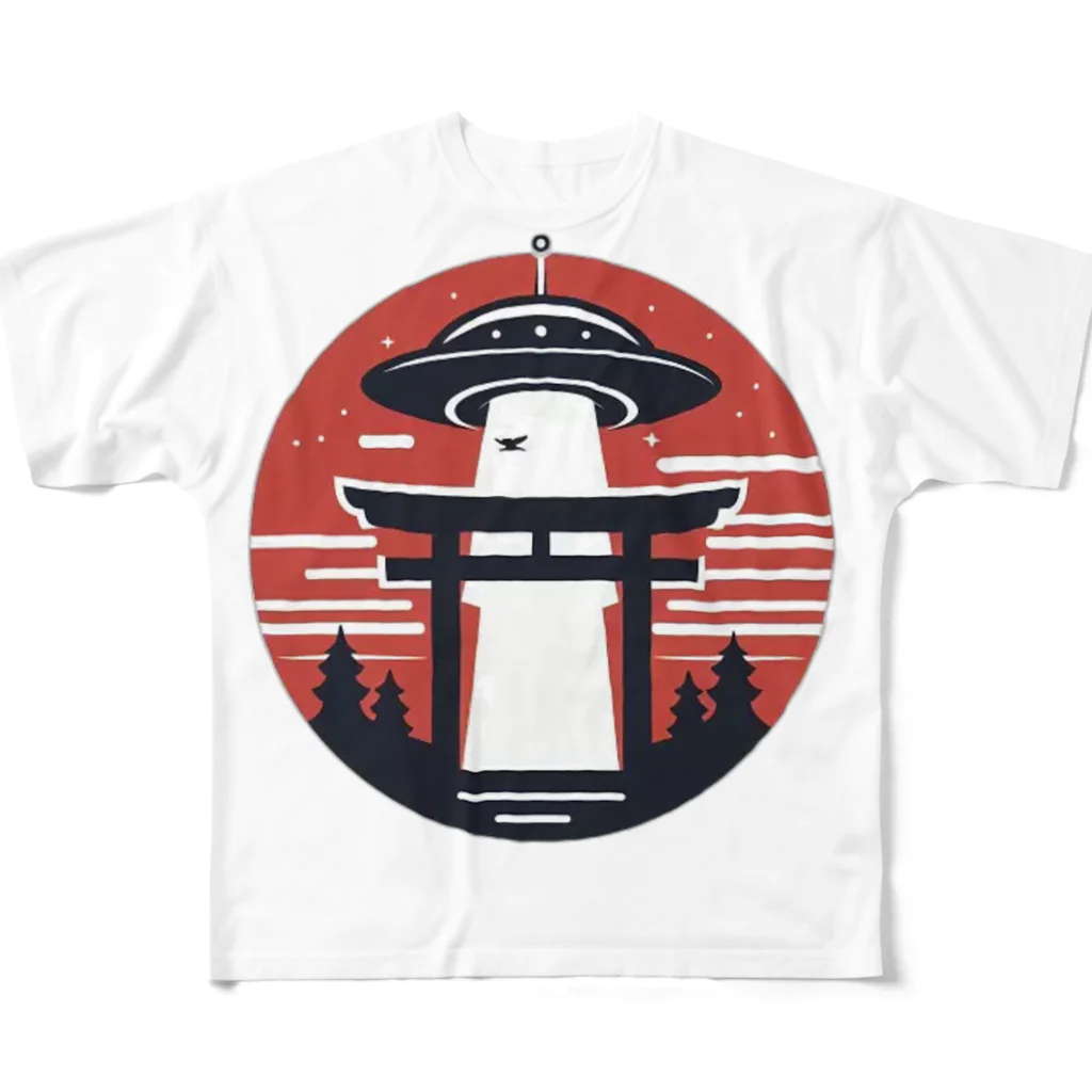 tohateの神社とUFO フルグラフィックTシャツ